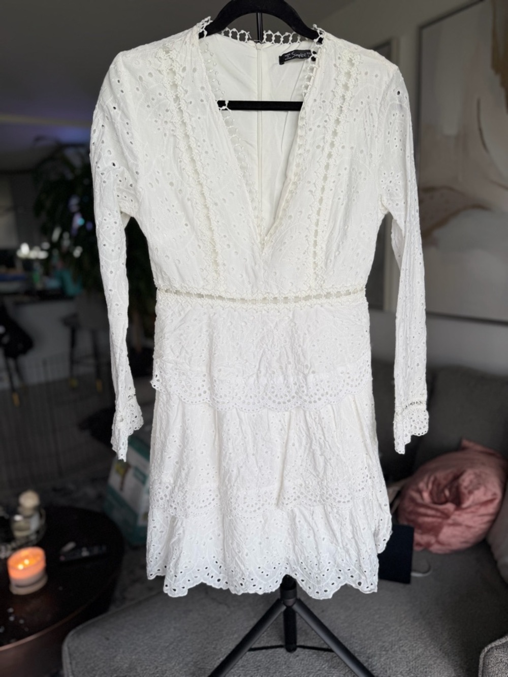 White Eyelet V-Neck Long Sleeve Dress